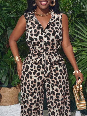 2024 New Arrival Casual Street Style Sexy Leopard Jumpsuit For Women, Elegant And Chic Long Straight-Leg Trousers, Suitable For Clubbing And Parties, Featuring Buttoned Collar, Waist Belt, And Pockets