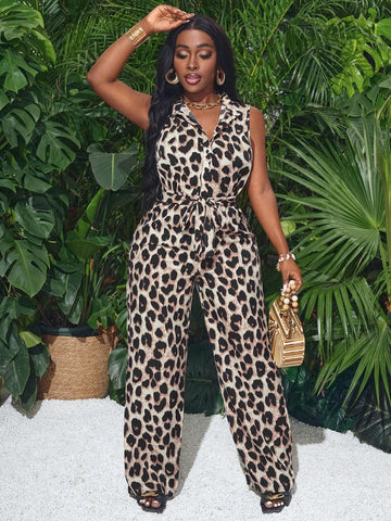 2024 New Arrival Casual Street Style Sexy Leopard Jumpsuit For Women, Elegant And Chic Long Straight-Leg Trousers, Suitable For Clubbing And Parties, Featuring Buttoned Collar, Waist Belt, And Pockets