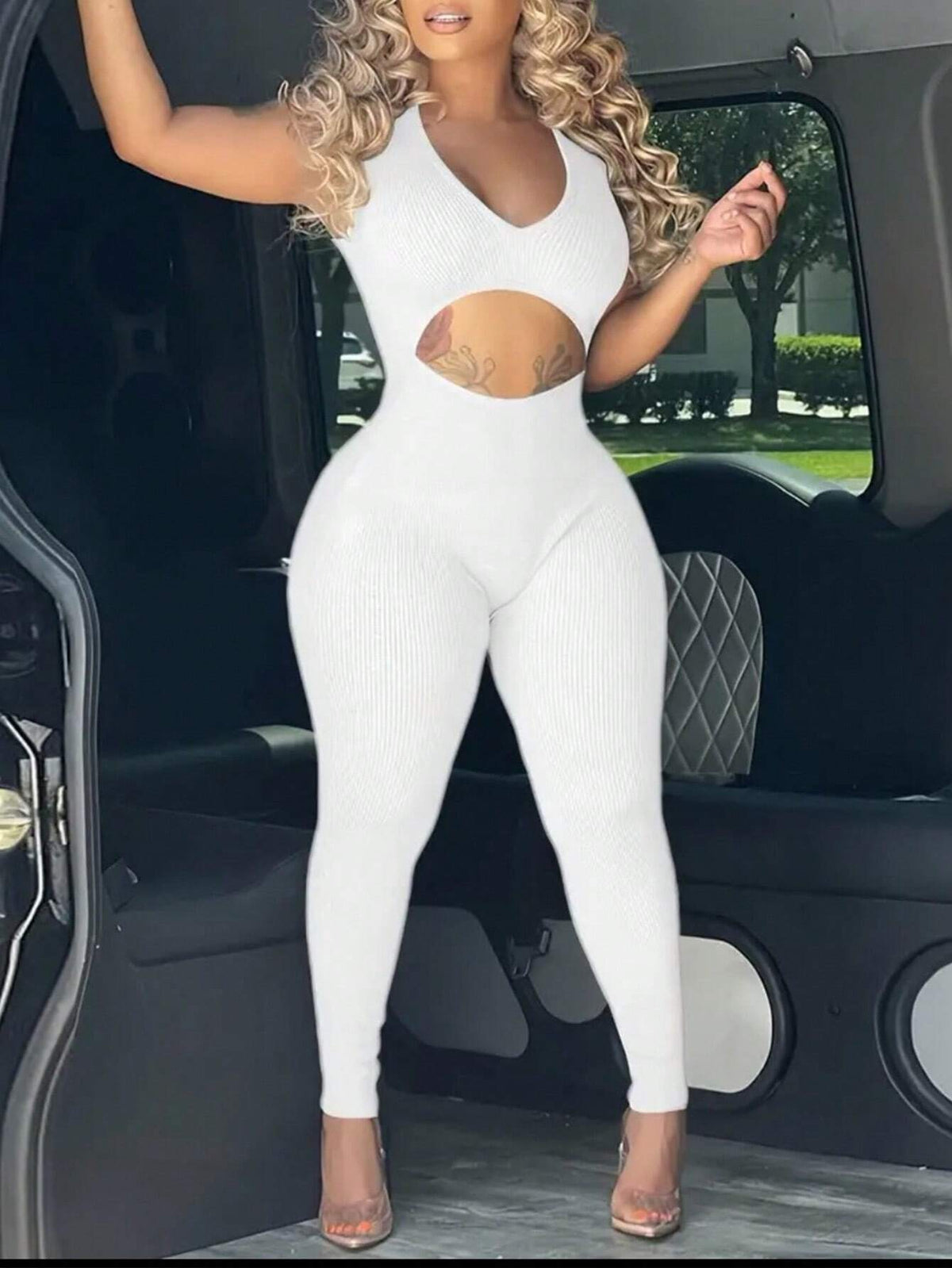 2024 New Arrival Casual Tight-Fitting V-Neck Sleeveless Hollow Out Waist & Elastic Skinny Knitted Jumpsuit Unitard