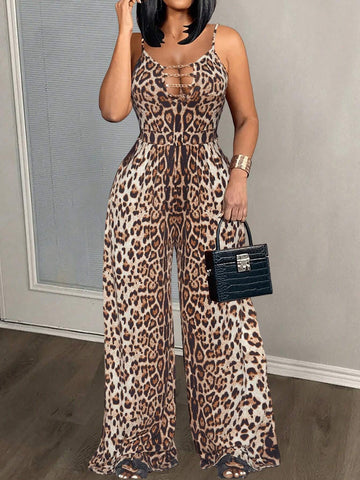 2024 New Casual Streetwear Leopard Print Hollow Chest Gold Chain Loose Waist Jumpsuit For Women - Z