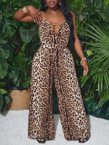 2024 New Casual Streetwear Leopard Print Hollow Chest Gold Chain Loose Waist Jumpsuit For Women - Z