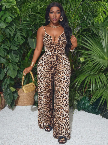 2024 New Casual Streetwear Leopard Print Hollow Chest Gold Chain Loose Waist Jumpsuit For Women - Z