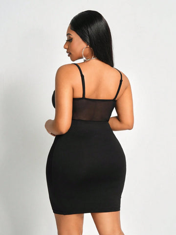 2024 New Elegant Sexy Spaghetti Strap Sheer Mesh Splice Bandage Mini Dress - Black