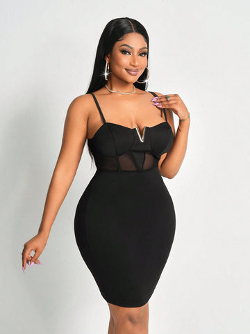 2024 New Elegant Sexy Spaghetti Strap Sheer Mesh Splice Bandage Mini Dress - Black