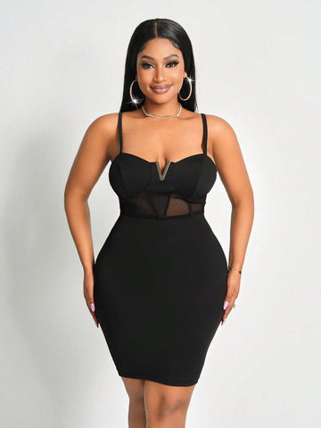 2024 New Elegant Sexy Spaghetti Strap Sheer Mesh Splice Bandage Mini Dress - Black