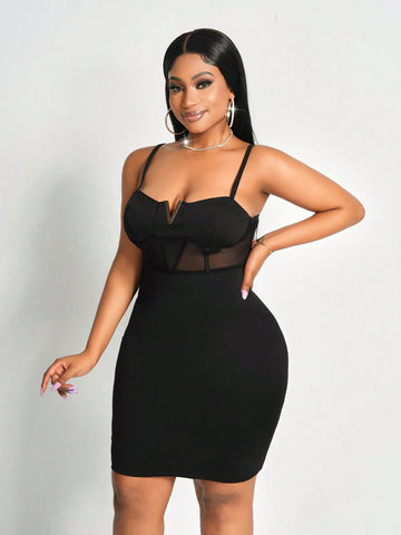 2024 New Elegant Sexy Spaghetti Strap Sheer Mesh Splice Bandage Mini Dress - Black