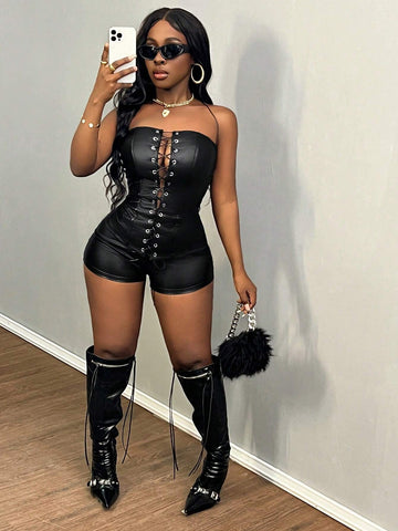 2024 New Sexy Street Bar Music Festival Black Backless Tied Strap Camisole, Tight Super Shorts, Black PU Elastic 2-Piece Outfit - DD