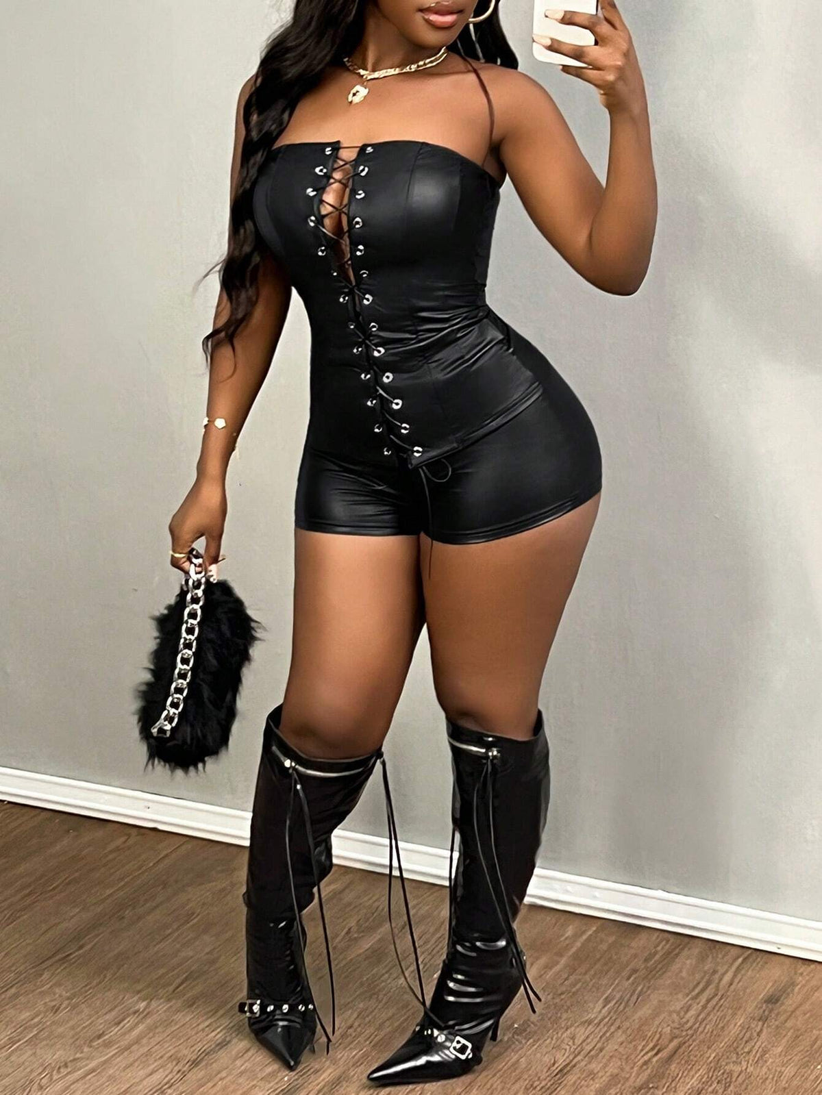 2024 New Sexy Street Bar Music Festival Black Backless Tied Strap Camisole, Tight Super Shorts, Black PU Elastic 2-Piece Outfit - DD