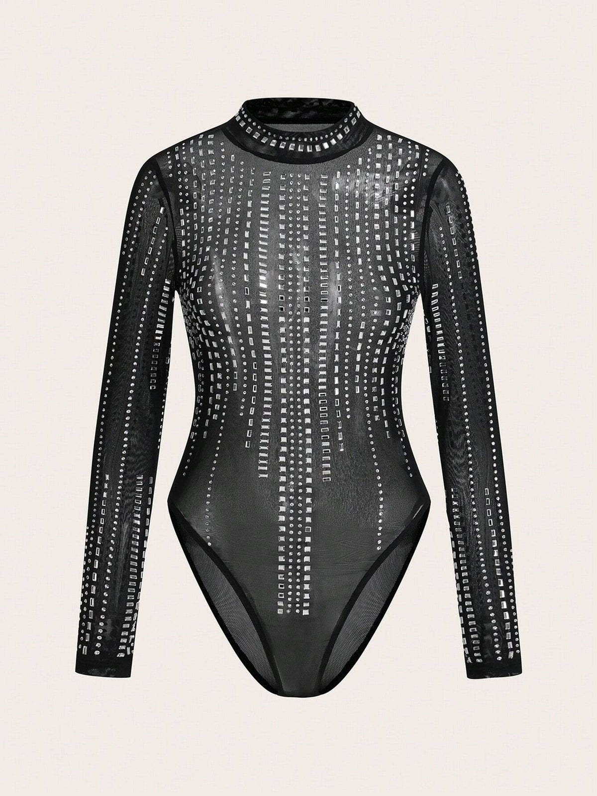 2024 New Style Elegant Long Sleeve Mesh Sheer Rhinestone Embellished Bodysuit - L