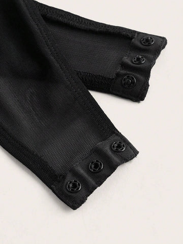 2024 New Style Elegant Long Sleeve Mesh Sheer Rhinestone Embellished Bodysuit - L