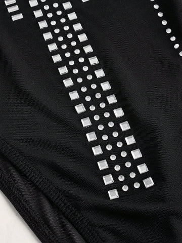 2024 New Style Elegant Long Sleeve Mesh Sheer Rhinestone Embellished Bodysuit - L