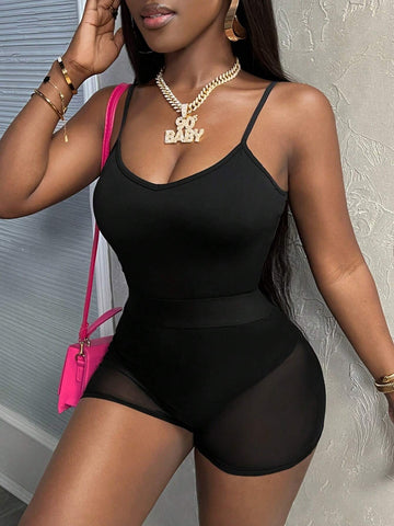 2024 New Summer Sexy Mesh Jumpsuit, Sheer Clubwear Jumpsuit, Tight Fitting Overalls Top & Shorts Set For Women