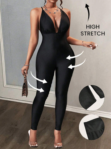2024 New Valentine's Day/Christmas/New Year Festival Party Banquet High-End Design Streetwear Basics Elastic Casual Deep V-Neck Backless Jumpsuit, Black