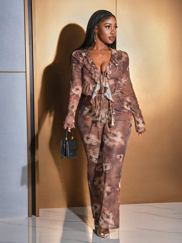 2024 New Valentine's Day, Christmas, New Year Party Celebration High-End Design Casual Street Style Sexy High Waist Elastic Floral Print Long Sleeve Ruffle Hem Short Top And High Waist Pants 2-Piece Set - Brown - M
