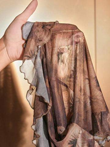 2024 New Valentine's Day, Christmas, New Year Party Celebration High-End Design Casual Street Style Sexy High Waist Elastic Floral Print Long Sleeve Ruffle Hem Short Top And High Waist Pants 2-Piece Set - Brown - M