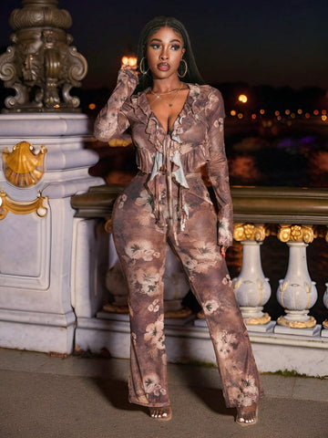 2024 New Valentine's Day, Christmas, New Year Party Celebration High-End Design Casual Street Style Sexy High Waist Elastic Floral Print Long Sleeve Ruffle Hem Short Top And High Waist Pants 2-Piece Set - Brown - M