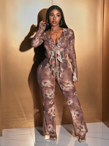 2024 New Valentine's Day, Christmas, New Year Party Celebration High-End Design Casual Street Style Sexy High Waist Elastic Floral Print Long Sleeve Ruffle Hem Short Top And High Waist Pants 2-Piece Set - Brown - M