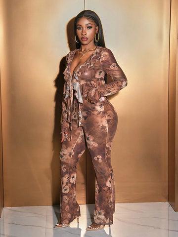 2024 New Valentine's Day, Christmas, New Year Party Celebration High-End Design Casual Street Style Sexy High Waist Elastic Floral Print Long Sleeve Ruffle Hem Short Top And High Waist Pants 2-Piece Set - Brown - M