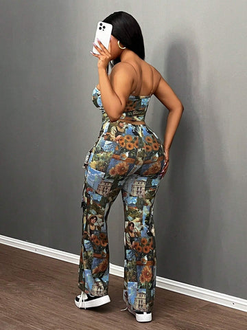 2024 New Valentine's Day, Christmas, New Year Party Elegant Women 2pcs Set: Graphic Print Bustier Top With Slit And Multi-Pockets Wide Leg Pants, High-End Design