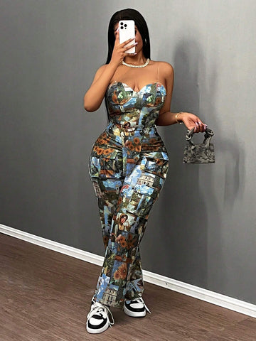 2024 New Valentine's Day, Christmas, New Year Party Elegant Women 2pcs Set: Graphic Print Bustier Top With Slit And Multi-Pockets Wide Leg Pants, High-End Design