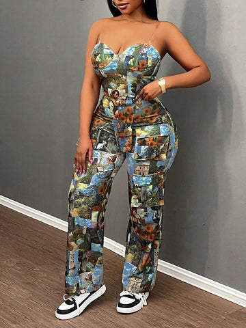 2024 New Valentine's Day, Christmas, New Year Party Elegant Women 2pcs Set: Graphic Print Bustier Top With Slit And Multi-Pockets Wide Leg Pants, High-End Design