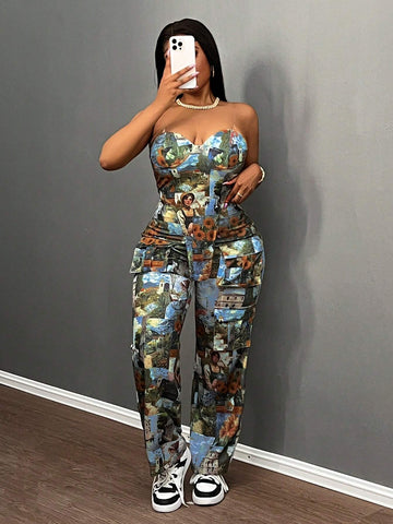 2024 New Valentine's Day, Christmas, New Year Party Elegant Women 2pcs Set: Graphic Print Bustier Top With Slit And Multi-Pockets Wide Leg Pants, High-End Design