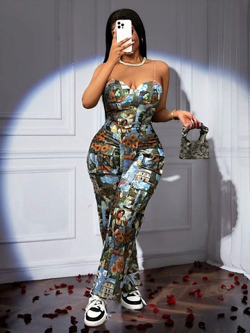 2024 New Valentine's Day, Christmas, New Year Party Elegant Women 2pcs Set: Graphic Print Bustier Top With Slit And Multi-Pockets Wide Leg Pants, High-End Design