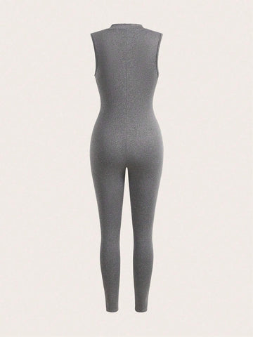 2024 New Women's Casual Elastic Waist Grey Floral Sleeveless Jumpsuit With Front Zipper And Solid Color, Perfect For Spring And Summer