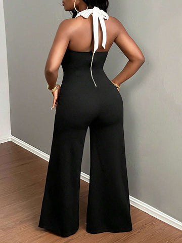2024 Newest Elegant Summer Sleeveless Wide-Leg Jumpsuit With Color-Block Inlay And Halter Neck For Women, Waist Cinched