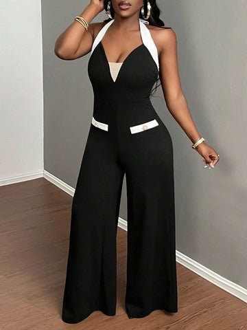 2024 Newest Elegant Summer Sleeveless Wide-Leg Jumpsuit With Color-Block Inlay And Halter Neck For Women, Waist Cinched