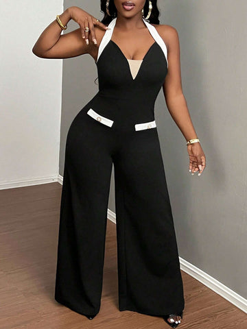 2024 Newest Elegant Summer Sleeveless Wide-Leg Jumpsuit With Color-Block Inlay And Halter Neck For Women, Waist Cinched