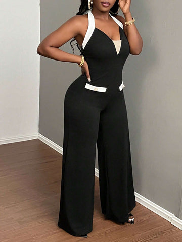 2024 Newest Elegant Summer Sleeveless Wide-Leg Jumpsuit With Color-Block Inlay And Halter Neck For Women, Waist Cinched