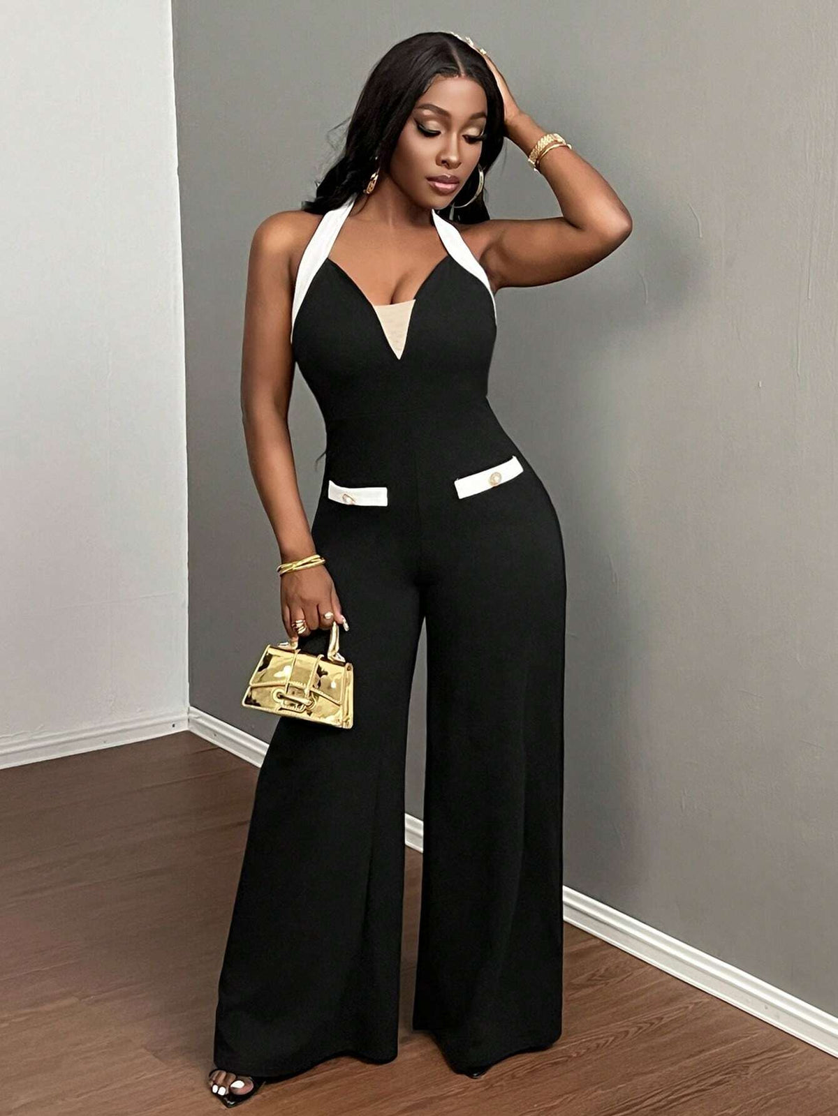 2024 Newest Elegant Summer Sleeveless Wide-Leg Jumpsuit With Color-Block Inlay And Halter Neck For Women, Waist Cinched