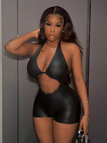 2024 Sexy Street Style Music Festival Black PU Leather Tight Jumpsuit For Women Summer Casual Wear, Featuring High Elasticity And Low Cut Design