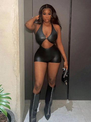 2024 Sexy Street Style Music Festival Black PU Leather Tight Jumpsuit For Women Summer Casual Wear, Featuring High Elasticity And Low Cut Design