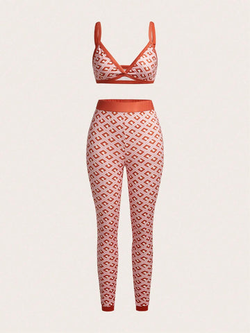 2024 Summer Women's Fashion Plaid & Printed Bikini Top & Pants Set, With Skinny Casual Sports Pants-E