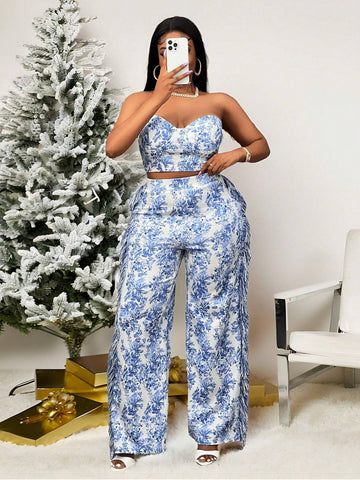 2024 Valentine's Day, Christmas, New Year Party Elegant High-End Design Jacquard Printed Blouse & Pant Set