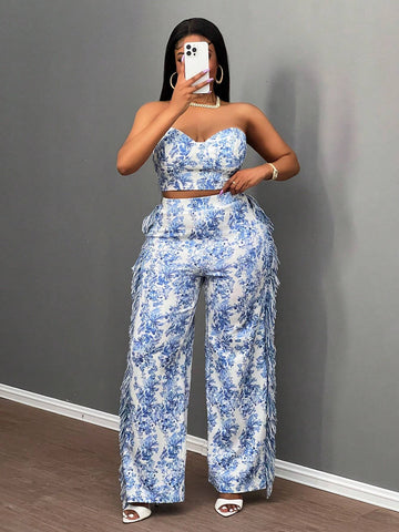 2024 Valentine's Day, Christmas, New Year Party Elegant High-End Design Jacquard Printed Blouse & Pant Set