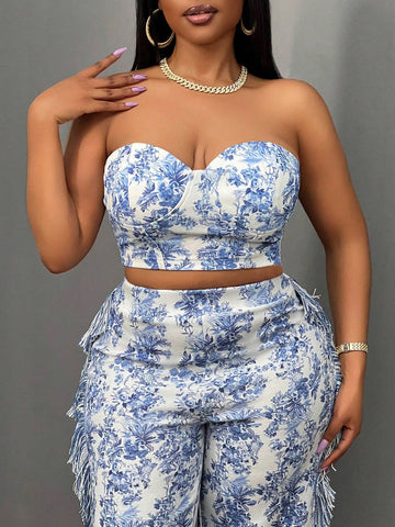 2024 Valentine's Day, Christmas, New Year Party Elegant High-End Design Jacquard Printed Blouse & Pant Set