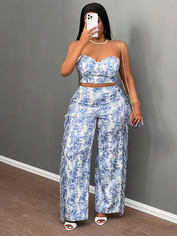 2024 Valentine's Day, Christmas, New Year Party Elegant High-End Design Jacquard Printed Blouse & Pant Set