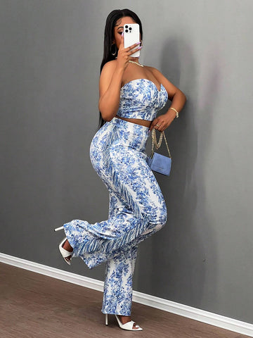 2024 Valentine's Day, Christmas, New Year Party Elegant High-End Design Jacquard Printed Blouse & Pant Set