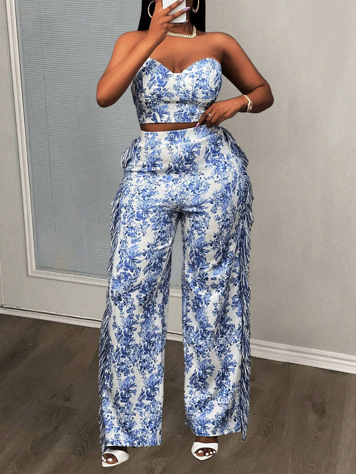 2024 Valentine's Day, Christmas, New Year Party Elegant High-End Design Jacquard Printed Blouse & Pant Set