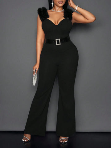2024 Valentine's Day, Christmas, New Year Party Occasion Elegant Sleeveless Jumpsuit With Asymmetric Collar, Color Block Details And Belt, Autumn