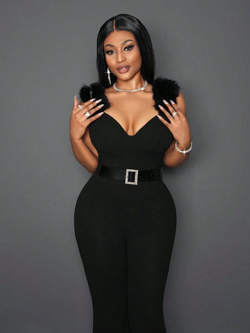 2024 Valentine's Day, Christmas, New Year Party Occasion Elegant Sleeveless Jumpsuit With Asymmetric Collar, Color Block Details And Belt, Autumn