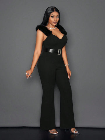 2024 Valentine's Day, Christmas, New Year Party Occasion Elegant Sleeveless Jumpsuit With Asymmetric Collar, Color Block Details And Belt, Autumn