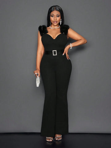 2024 Valentine's Day, Christmas, New Year Party Occasion Elegant Sleeveless Jumpsuit With Asymmetric Collar, Color Block Details And Belt, Autumn