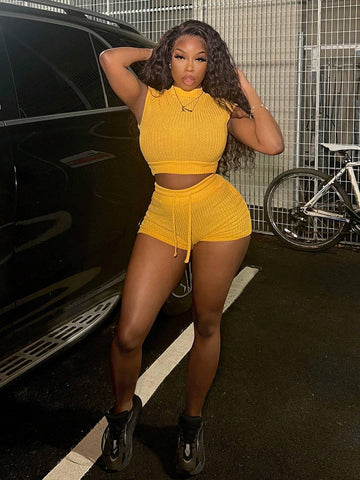 2024 Women Solid Color Waffle Texture Knit Stretch Fashion Sleeveless Top + Drawstring Shorts 2-Piece Set-F