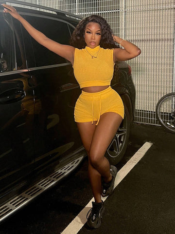 2024 Women Solid Color Waffle Texture Knit Stretch Fashion Sleeveless Top + Drawstring Shorts 2-Piece Set-F