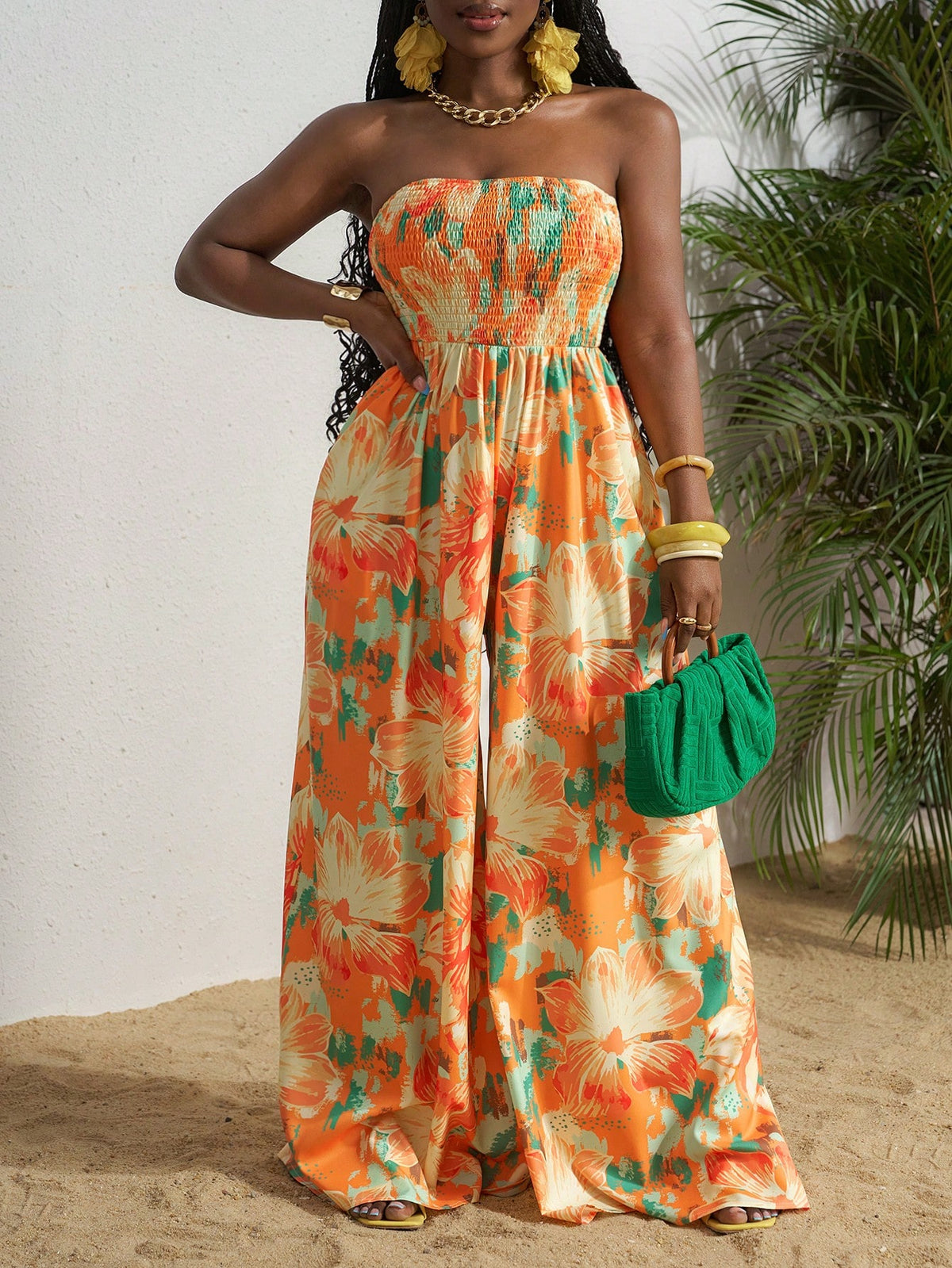 2025 Spring/Summer New Casual Vacation Rope Print Strapless Palazzo Jumpsuit For Women