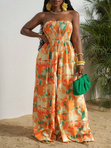 2025 Spring/Summer New Casual Vacation Rope Print Strapless Palazzo Jumpsuit For Women